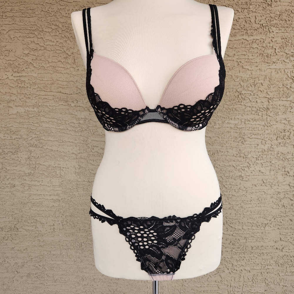 Victoria's secret beige and black lace bra and thong set